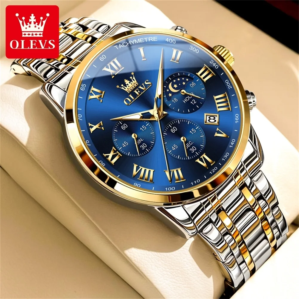 OLEVS Top Luxury Brand Men's Watch Waterproof Luminous Stainless Steel Lunar Phase Timing Code Business Men's Quartz Wristwatch