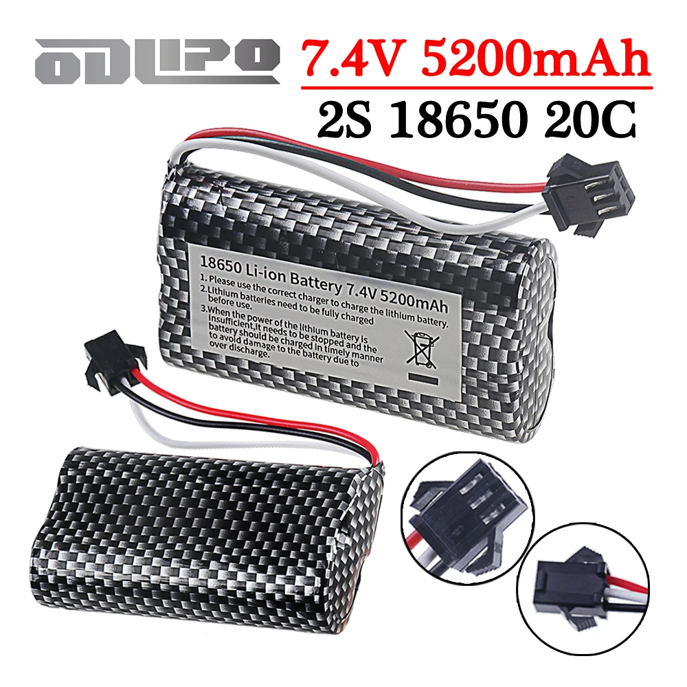 Batería de iones de litio de 7,4 V y 5200mAh con enchufe de SM-3P para MN99S MN82 MN90 MN128 MN78 LC79 piezas de batería de coche con Control remoto 2S 18650 20C