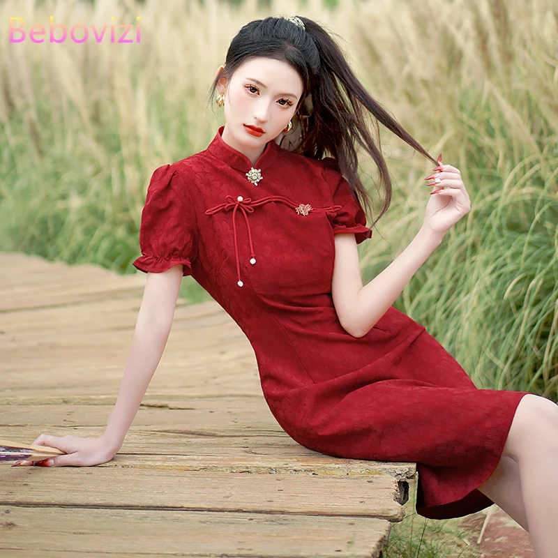 Red Chinese Traditional Style Retro Cheongsam Summer 2024 Short Sleeve Modern Qipao Dress New Year CNY