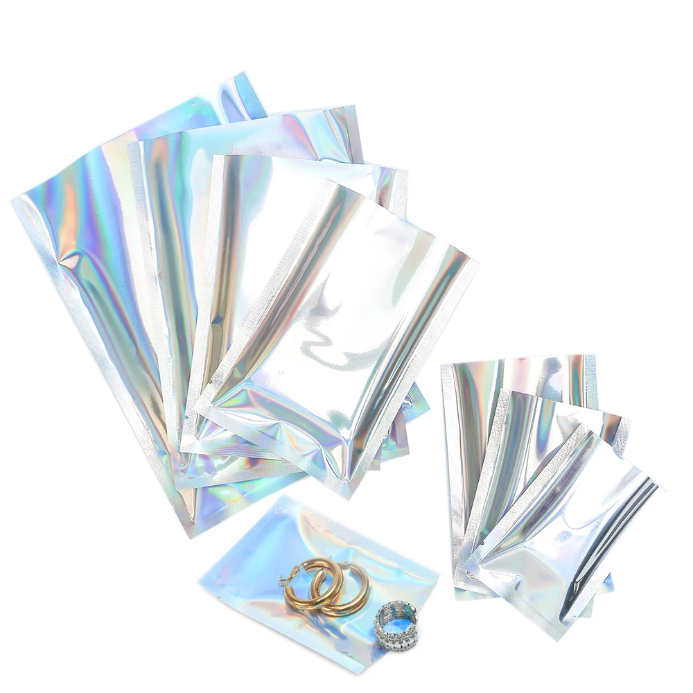 100Pcs  Clear Window  Vacuum Heat Sealable Sachet, Mini Open Top Jewlery  Sample Packaging Holographic Mylar Bags