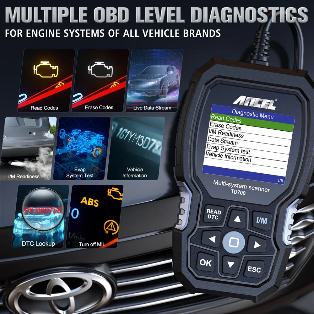 Ancel TD700 All System OBD2 Scanner Transmission TPMS Relearn ABS Engine Car Diagnostic Scan Tool for Toyota/Lexus/Scion