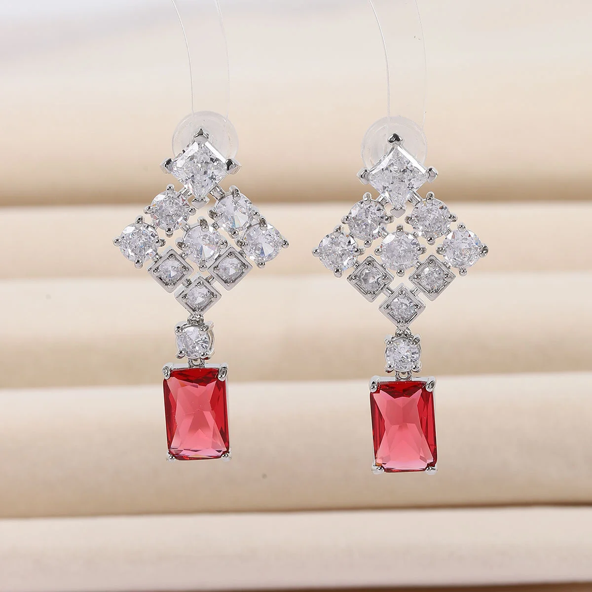 

925 Silver Needle Luxurious Ruby Red Gemstone Drop Earrings, Sparkling Statement Jewelry for Gala, Ideal Gift for Women