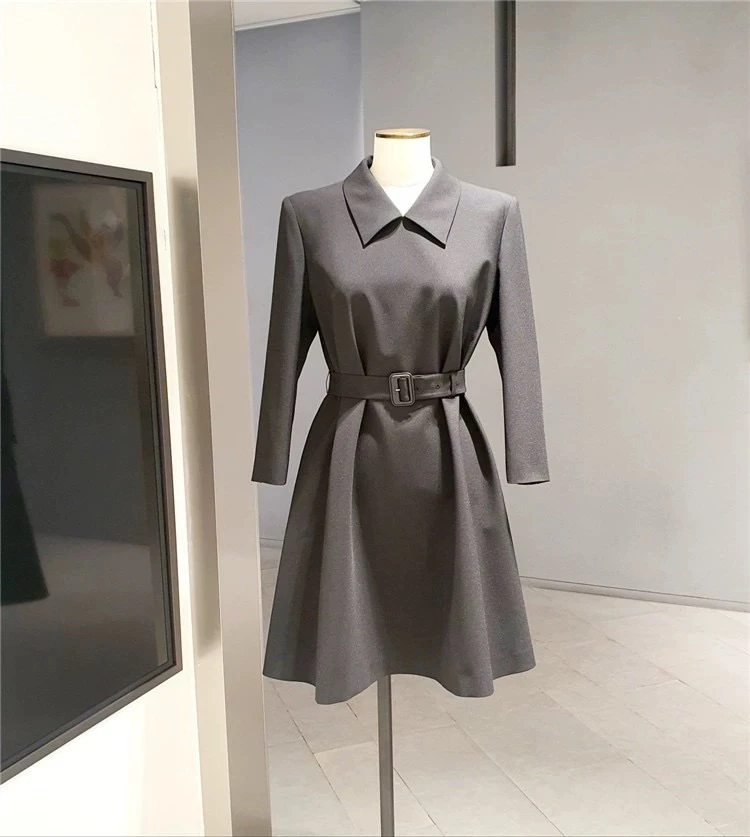 

Slimming Long Sve Dr Simple Elegance Collar Waist Belt High Waist A-Line Skirt Commute Sle Autumn Ladies Faion