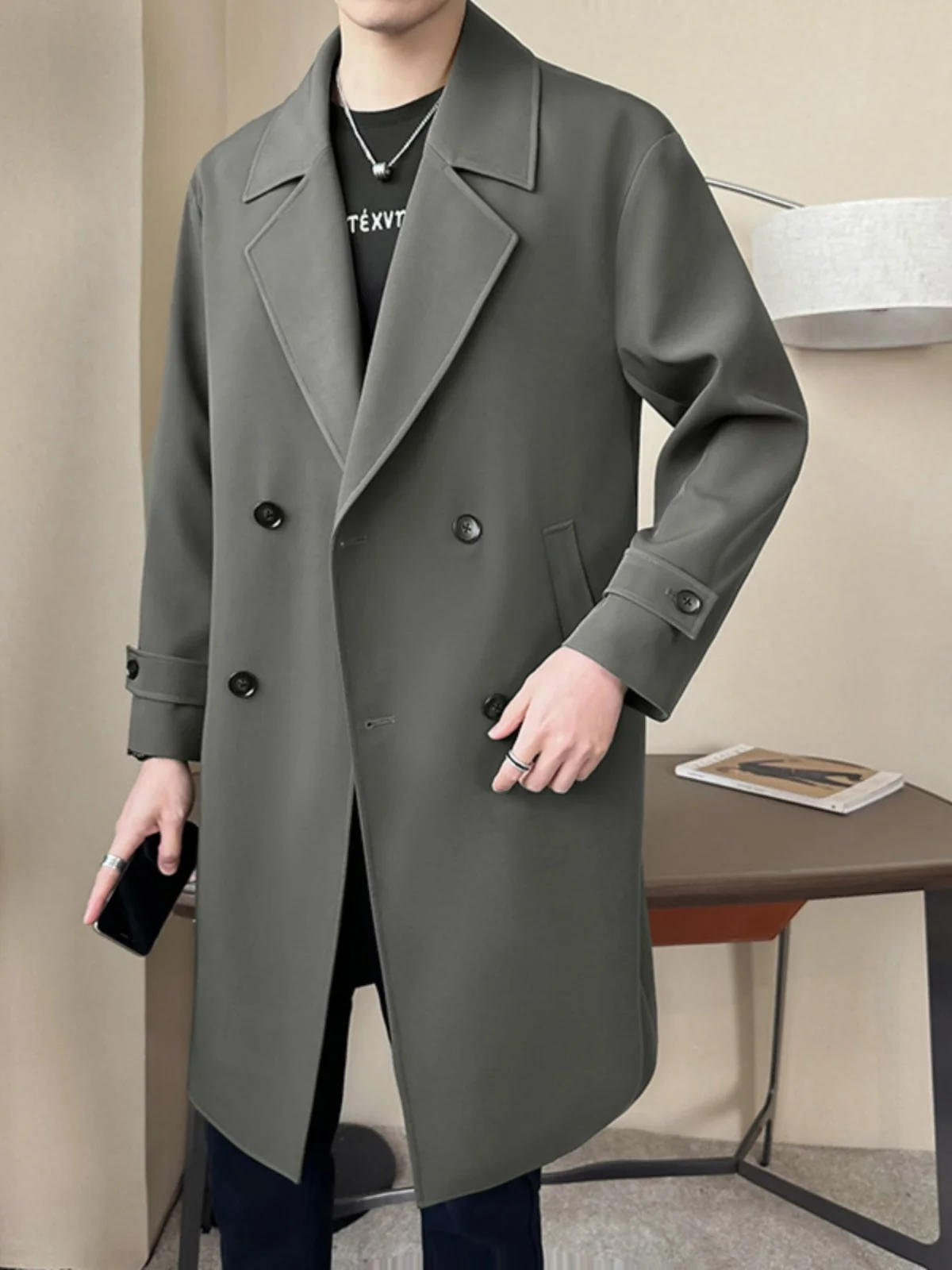 

Long Men's Windbreaker Coat Spring Autumn Stand Fit Youth Faion Button Decorated A-Line Cthulhu Civilian Sle Coat