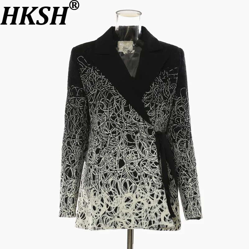

HKSH весенне-осенний новый женский пиджак контрастного цвета на шнуровке на талии для похудения в минималистском стиле, высококачественная повседневная шикарная куртка HK15340
