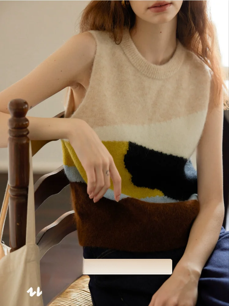 

Winter New Arrival Mixed Wool Alpaca Knitted Vest Color Blo Design Comfortable Fit Women's Faion round Ne Svel