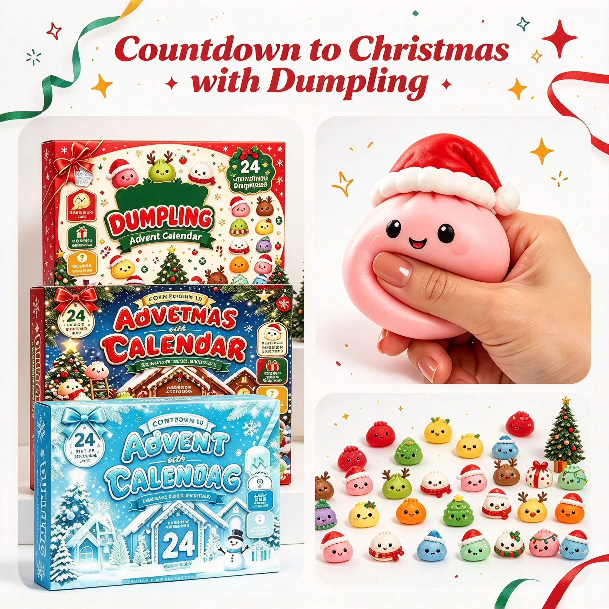 Christmas Advent Calendar 24Pcs Cute Mini Dumpling Squishy Blind Box, Soft Squeeze Fidget Toy, Holiday Surprise Gift