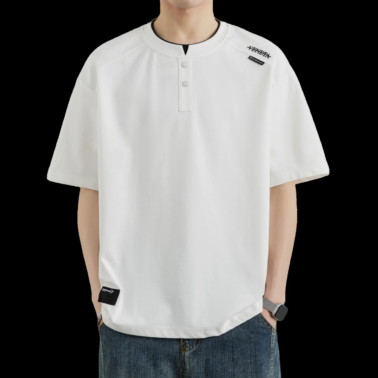 2026 model summer high-quality casual Henry collar men's short-sleeved T-shirt set of two fake pieces
