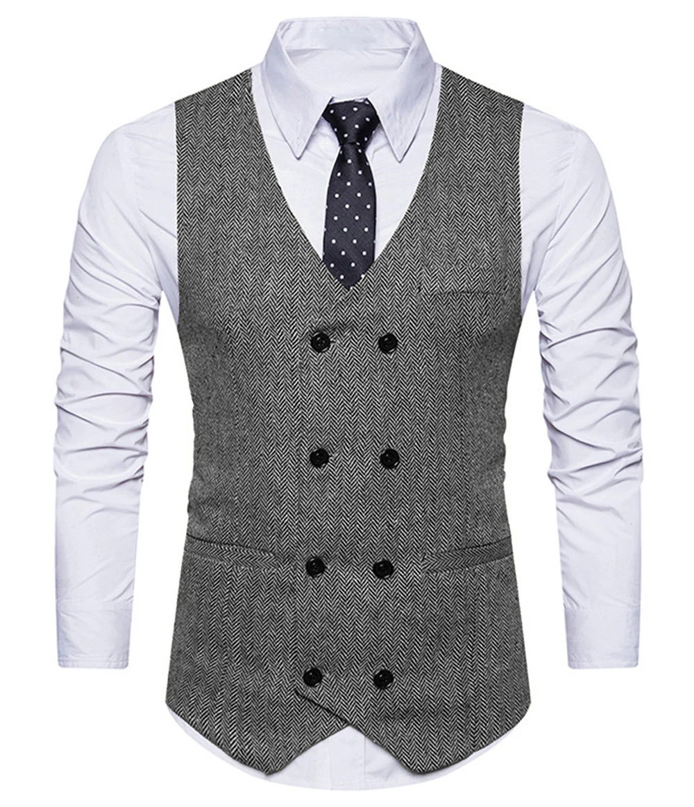 

Men Suit Vest Gray V Neck Herringbone Slim Fit Formal Business Double-breasted Waistcoat Groomman For Wedding Vest