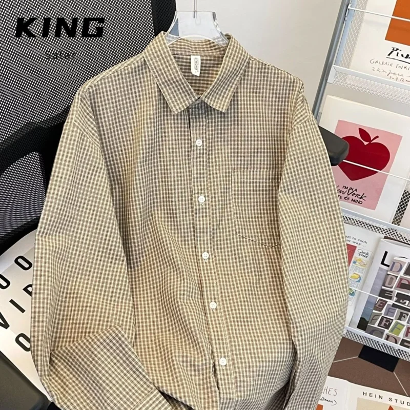 

Мужская свободная рубашка в клетку с длинным рукавом, летняя, модная, повседневная верхняя одежда в гонконгском стиле, 2025, с узором, дышащая, влагоотводящая