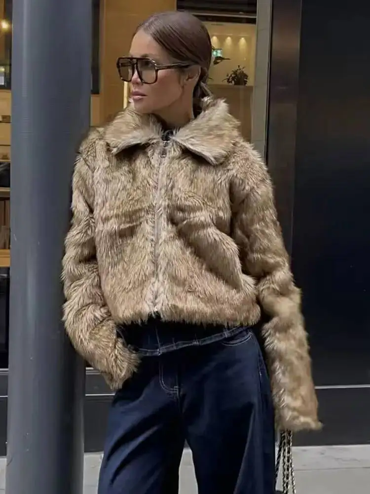 HH Women's Fashion Khaki Fur All-in-one Fur Casual Jacket Retro Lapel Zipper Decoration Women's Winter Warm Street Jacket