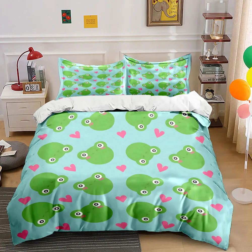 Cute frogs with pink heart pattern Bedding Set for Kids Luxury Gift 3pcs Digital Print Comforter Set Soft Comfortable Breathable