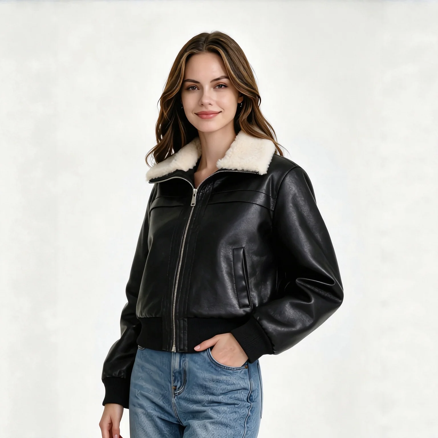 Leather jacket women's American retro flight suit jacket women's loose and thin black fur integrated coat