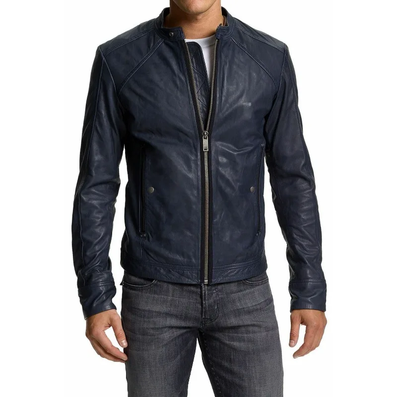 

Men's Genuine Navy Blue Leather Jacket Lambskin Motorcycle Leather Jacket