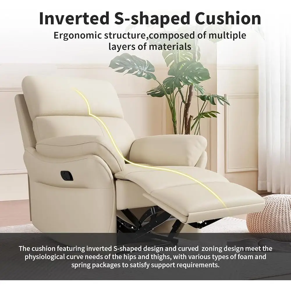 Genuine Leather Recliner Chair High Back Lumbar Support Ergonomic Comfort Manual Adjustment Living Room