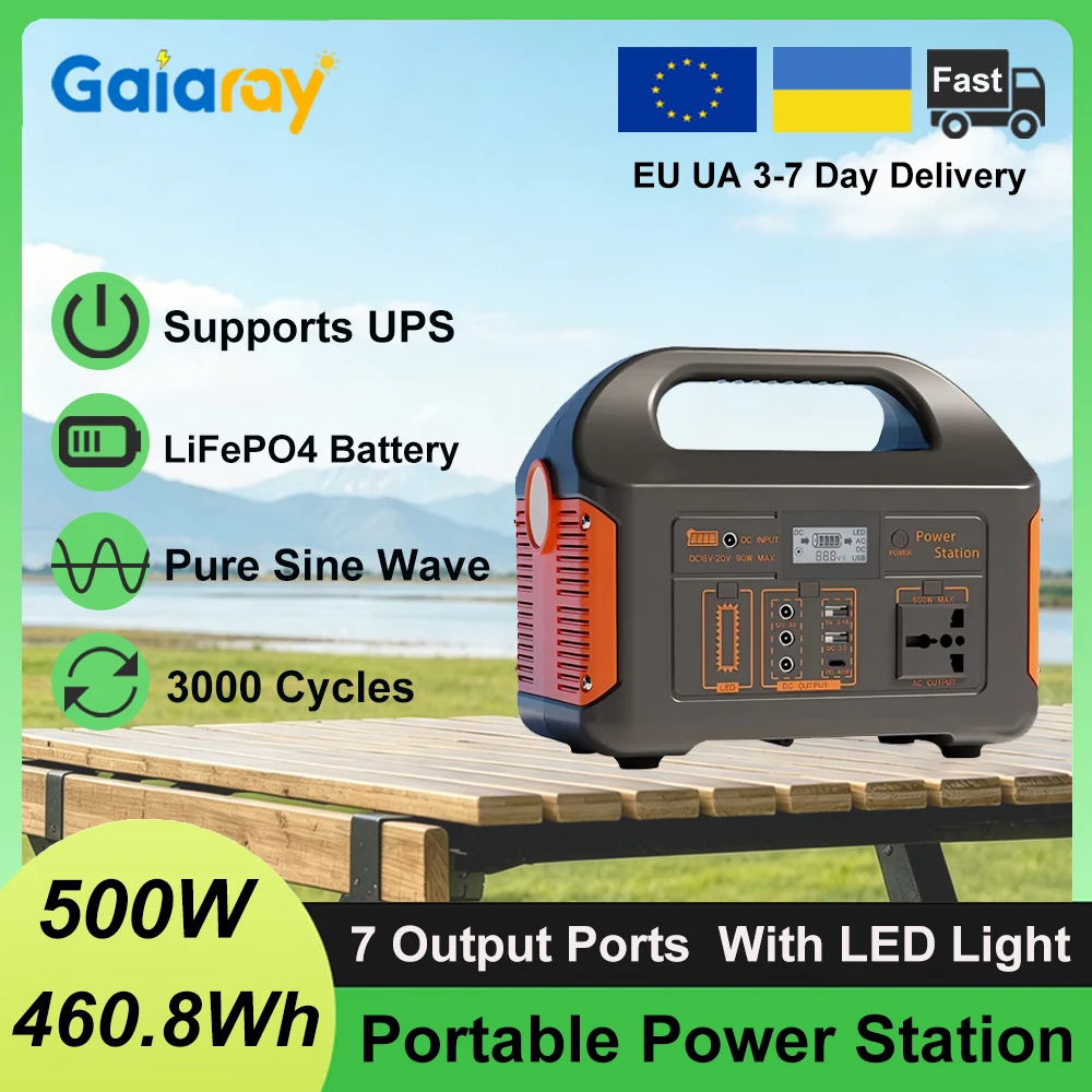 Gaiaray Tragbare Powerstation 500W Solargenerator 460,8Wh LiFePO4 Akku USV Notstromversorgung Powerbank LED-Licht Reine Sinuswelle Stromversorgungsanlage für Outdoor-Camping und Reisen