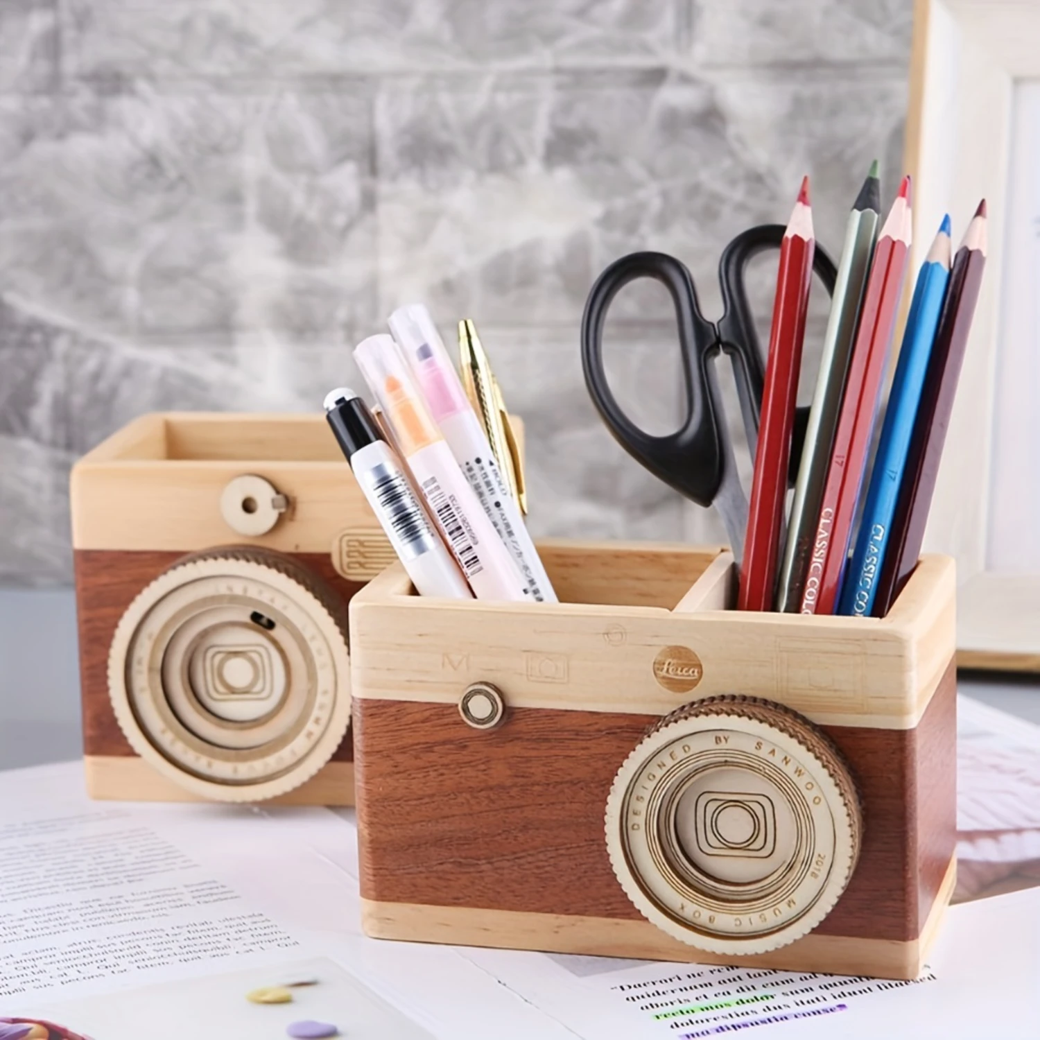 Wooden Camera Pencil Holder - Perfect  Desktop Organizer for Stationary & Makeup