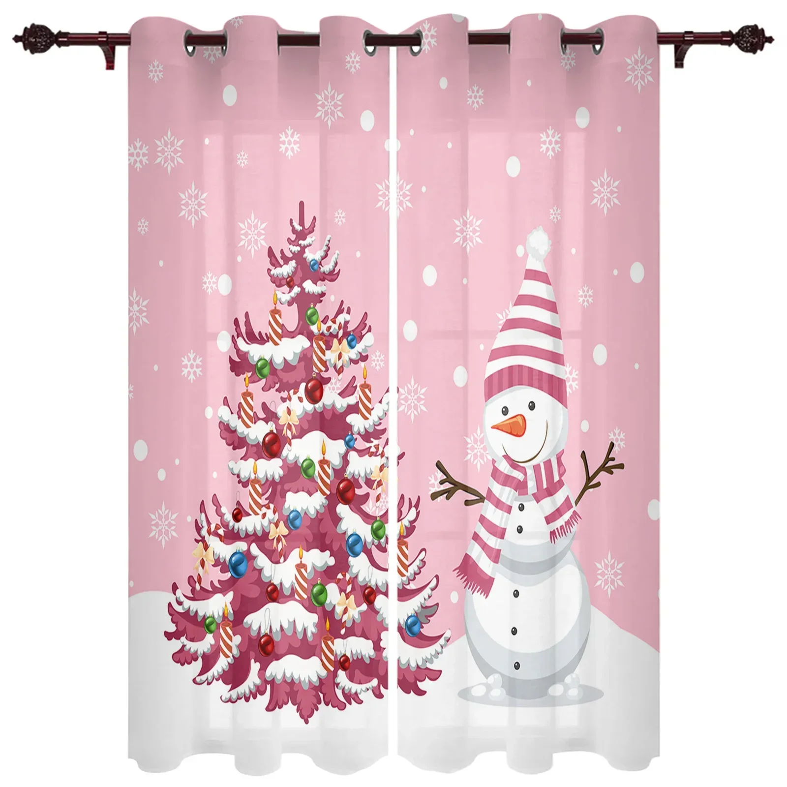 Christmas Tree Snowman Snowflake Pink Window Curtains Decor For Home Bedroom Kitchen Living Room Ornament Xmas Gifts Navidad