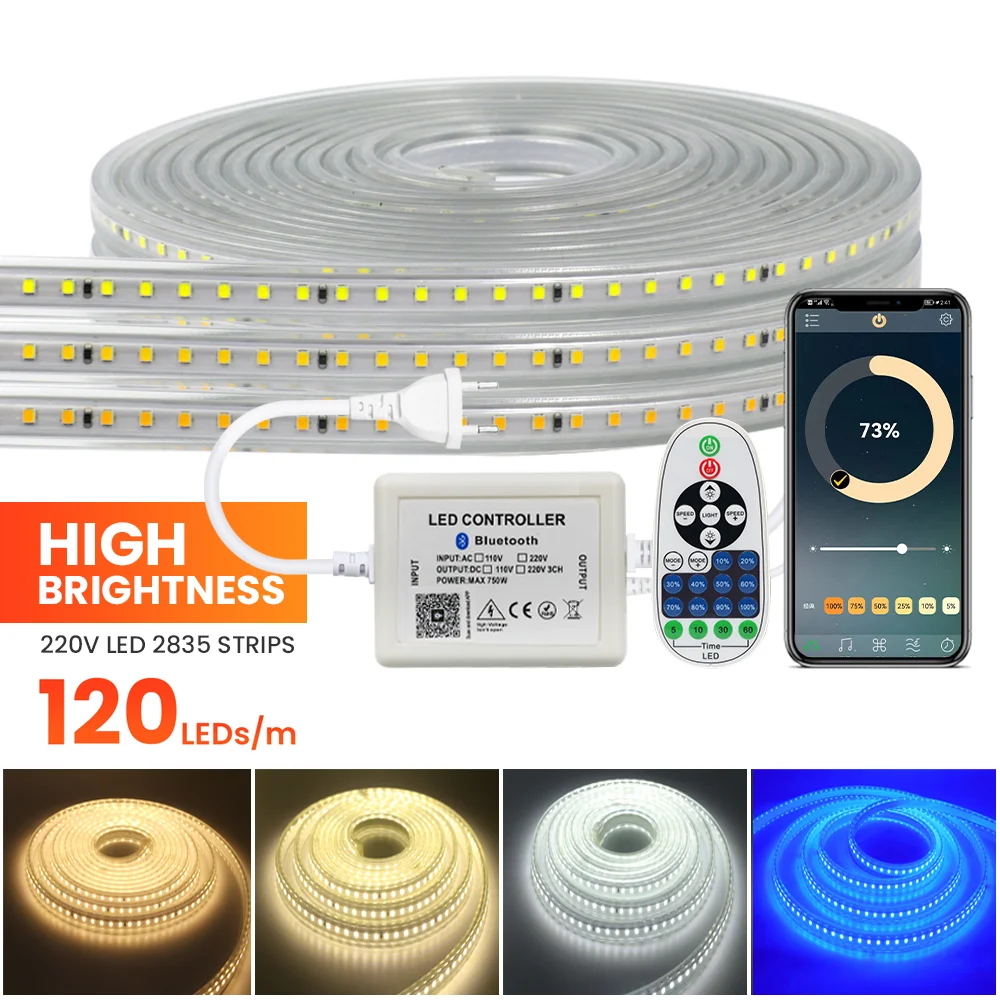 

Bluetooth LED Strip 220V 2835 High Quality LED Lights Waterproof Outdoor Lighting 120Leds/m Flexible LED Tape Remote Control