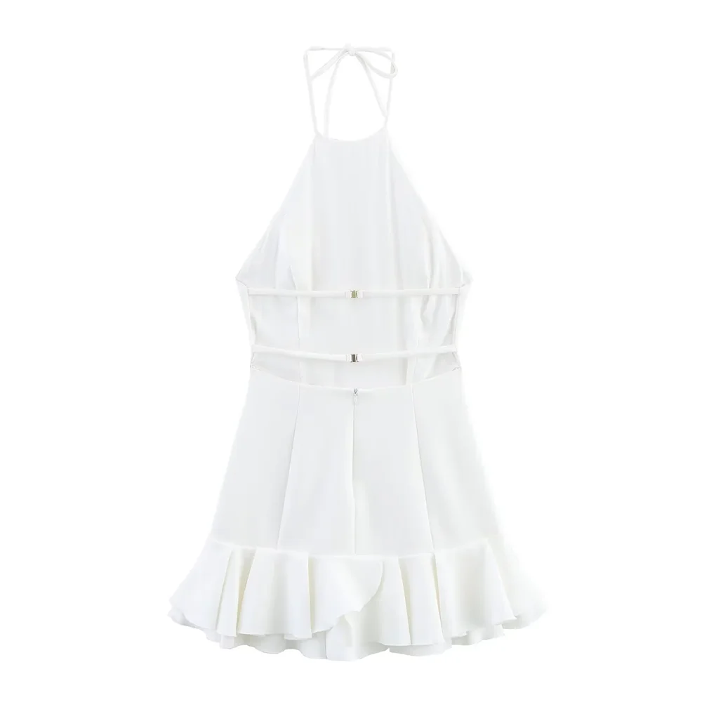 Pb & za2025seaside férias estilo halter pescoço sem costas estilingue vestido doce em camadas decorativas saia curta verão roupas femininas