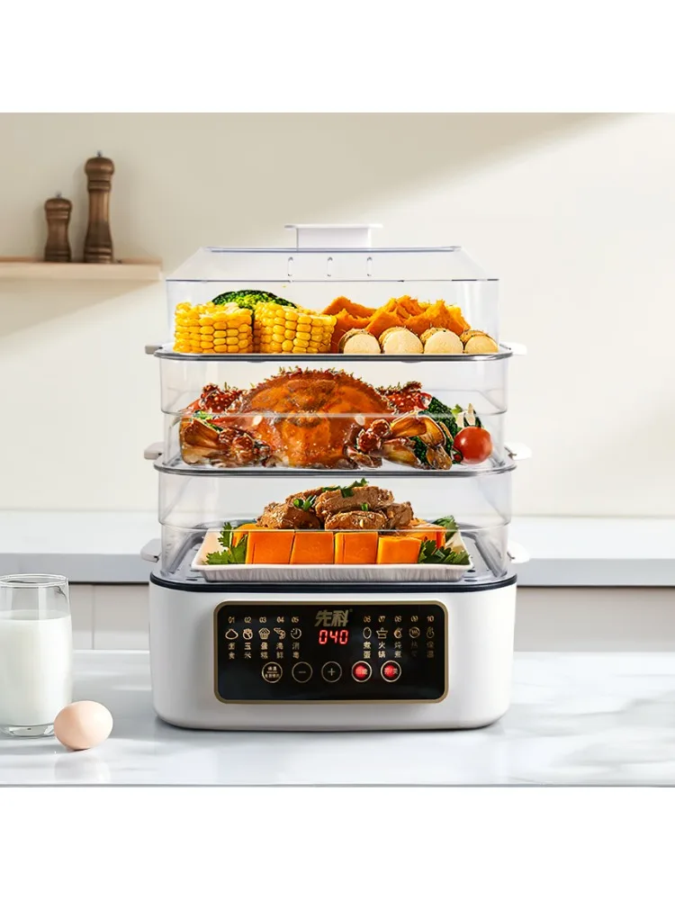 Cuiseur vapeur électrique multifonctionnel à trois niveaux, grande capacité, maintien au chaud, minuterie préréglée