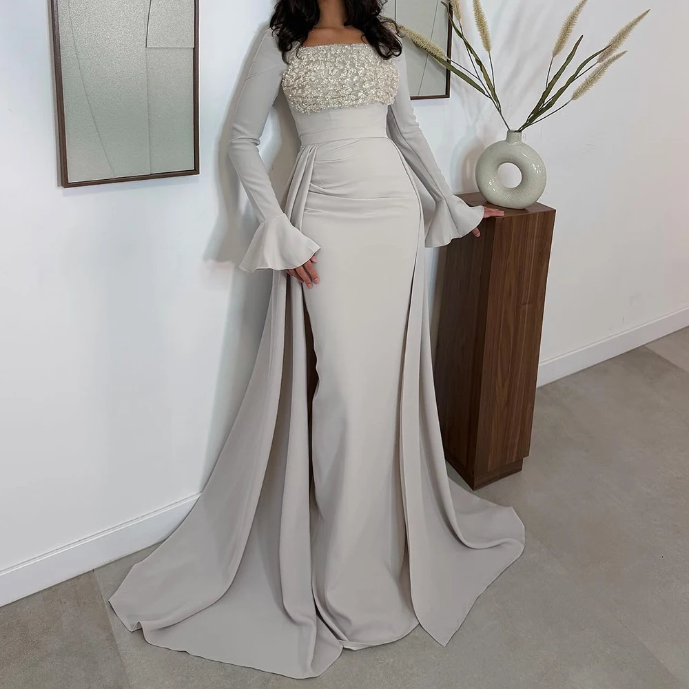 

Customized A-line Evening Dresses Floor-length Square Collar Full Sleeve Prom Gown Fashion Sequined Simple Draped Party Gown