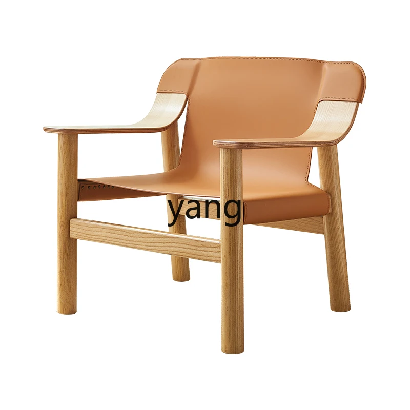 

LTT Nordic Balcony Solid Wood Sofa Chair Living Room Saddle Leather Leisure Single Lounge Chair