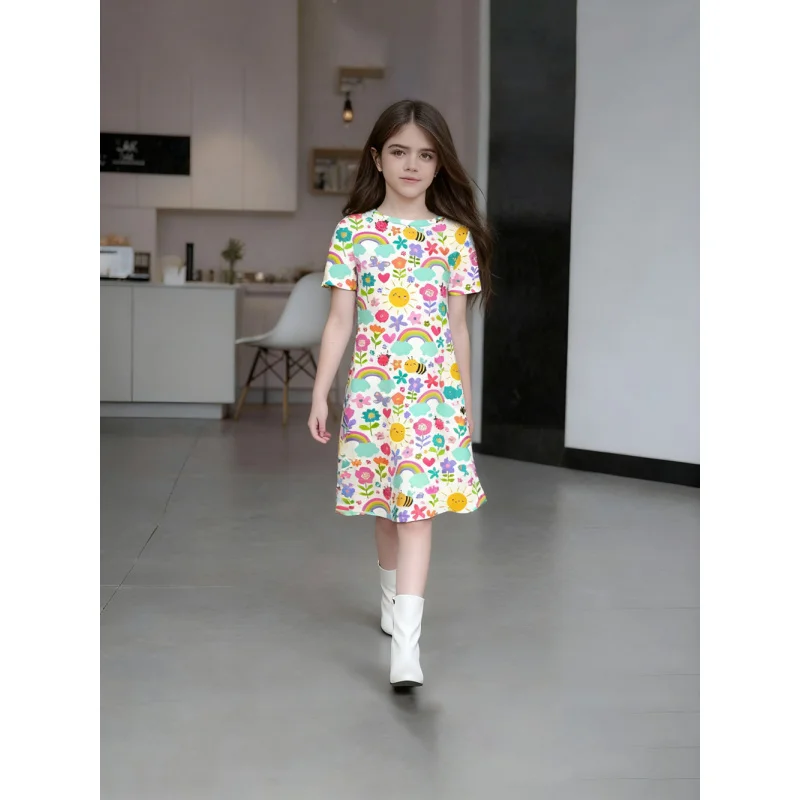 

Best Seller! 2025 New Girls Cartoon Dress with Rainbow Flower Bee Print, Short Sleeve Casual Summer Dress for Kids Children Clot