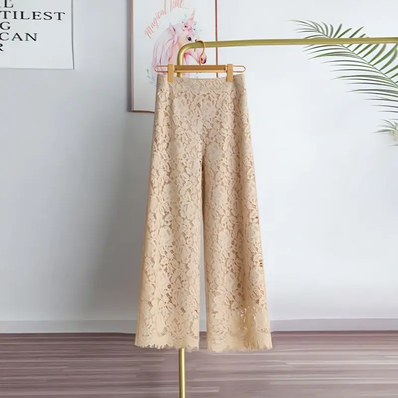 High Waist Wide Leg Pants Long Lace Loose Straight Nine Points Summer High Waist Draping Lace Wide Leg Trousers Female Q381