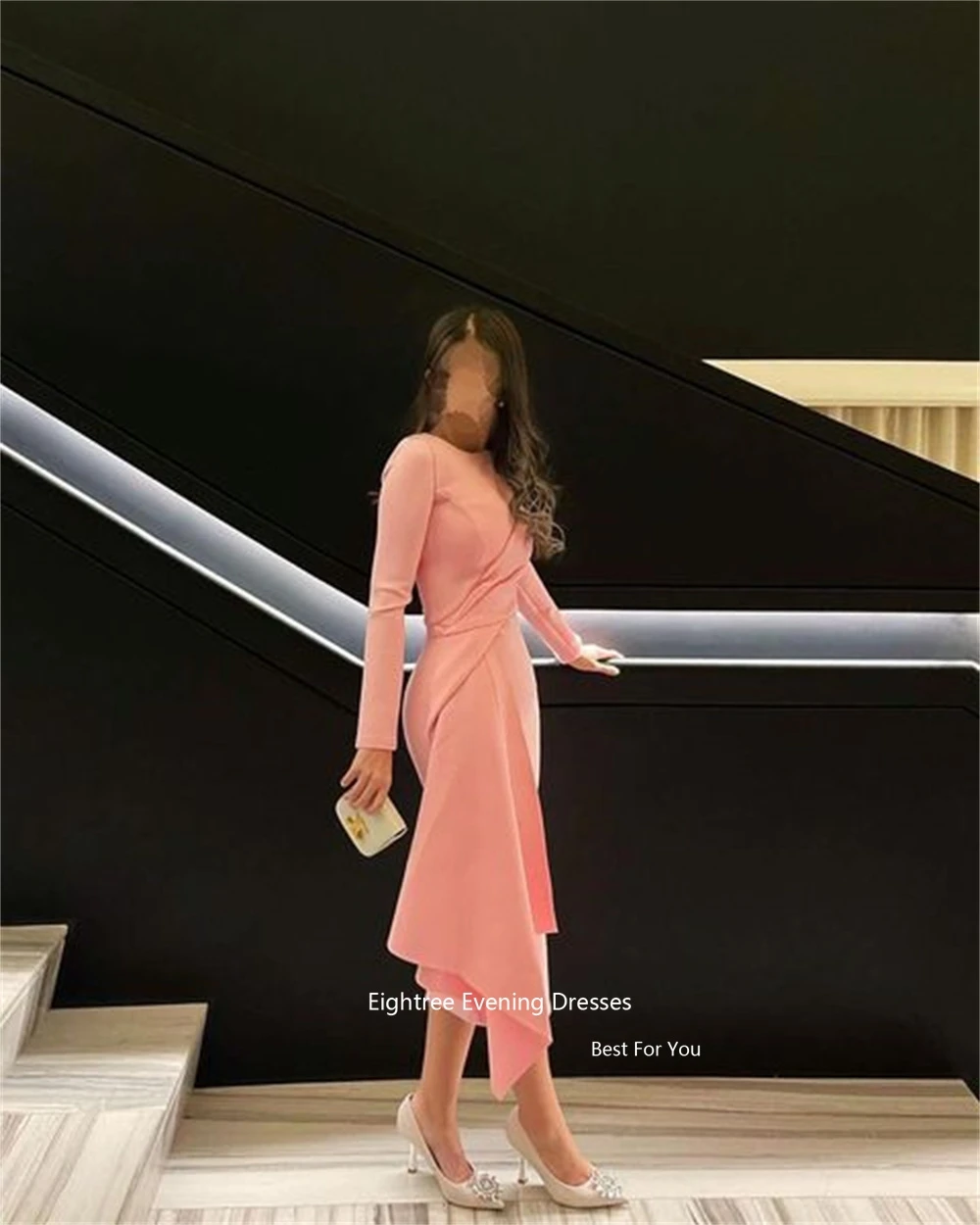 Eightree Pink Elegant Arabic Prom Dresses Long Sleeves Satin Mermaid O Neck Modern Abendkleider Sexy Dubai Formal Occasion Dress