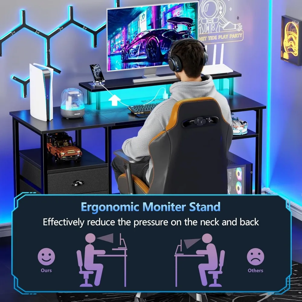 Gaming Desk with LED Lights and Power Outlets, Reversible Desk with File Cabinet and Monitor Stand for Home Office Use