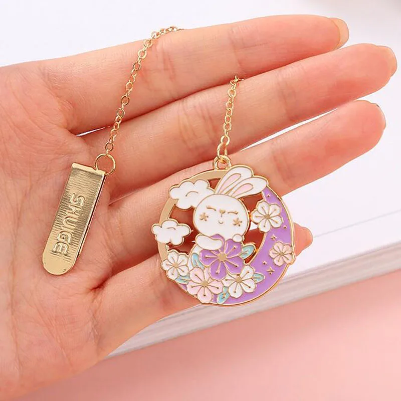 1pc Kawaii Mid Autumn Cartoon Rabbit Bookmark Metal Cute Pendant Book Mark Page Folder Office School Supplies Stationery Prize