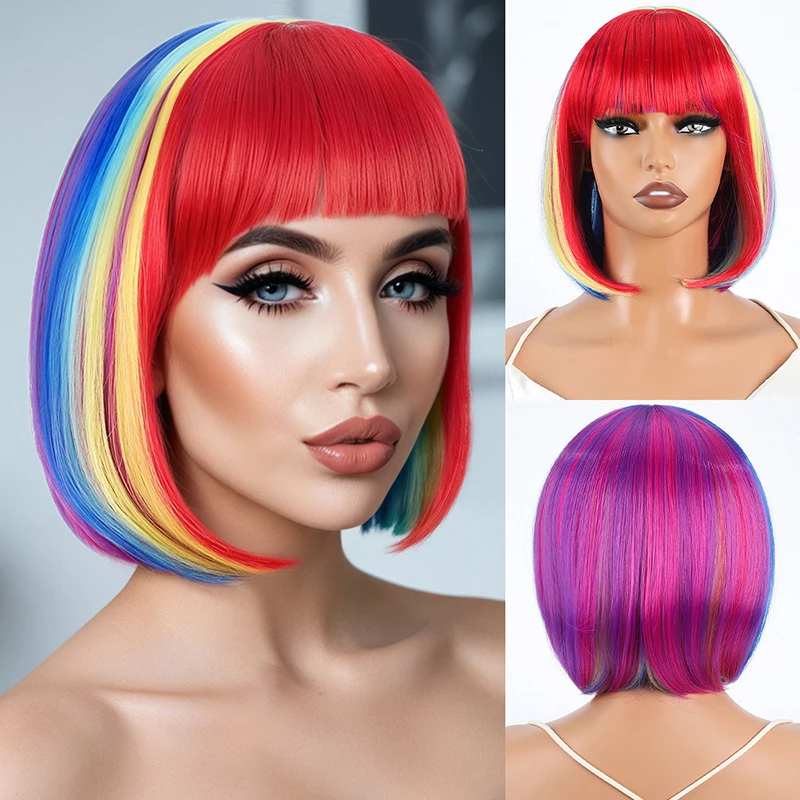 Halloween Popular American Anime New Cos Synthetic Wig Rainbow Bob Cut Bangs Synthetic Full Headpiece Wig