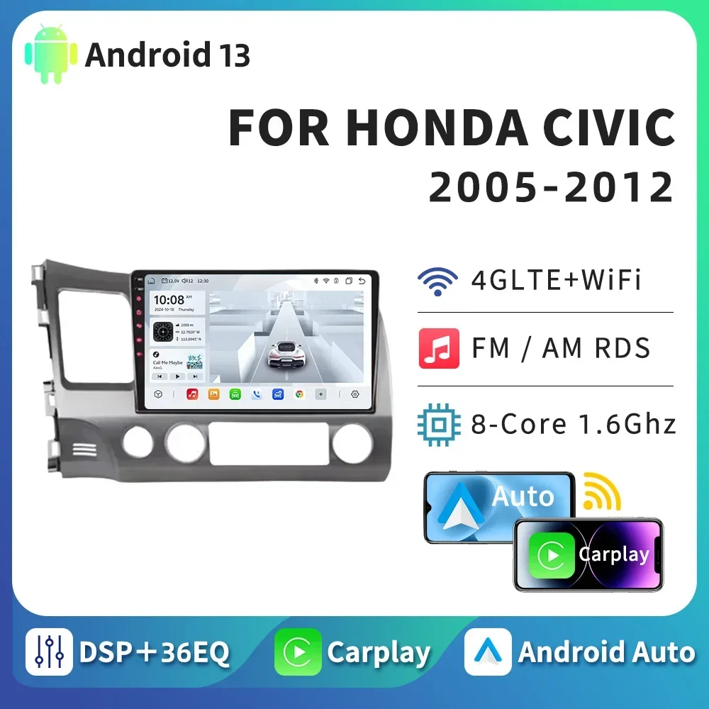 

HTZM Carplay Android Auto Car Stereo Radio For Honda Civic 8 2005 2006 2007 2008 - 2012 Car Multimedia Systems Player GPS Audio
