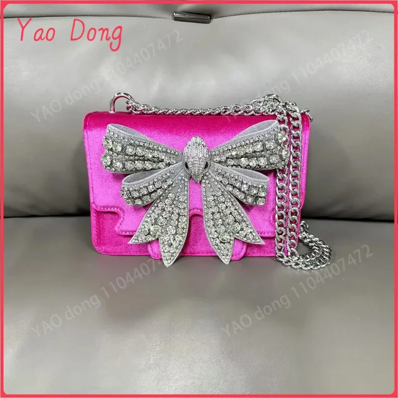 Yao Dong Fashion luxury designer brand women's small bow bag chain flap shoulder crossbody bags mini Butterfly set diamonds pink