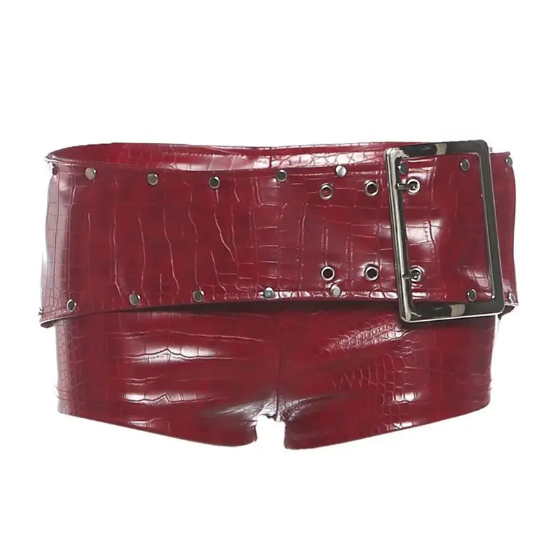 Spice Girl Sexy Red Pu Leather Shorts Rivet Buckle Super Shorts Leather Women Booty Shorts