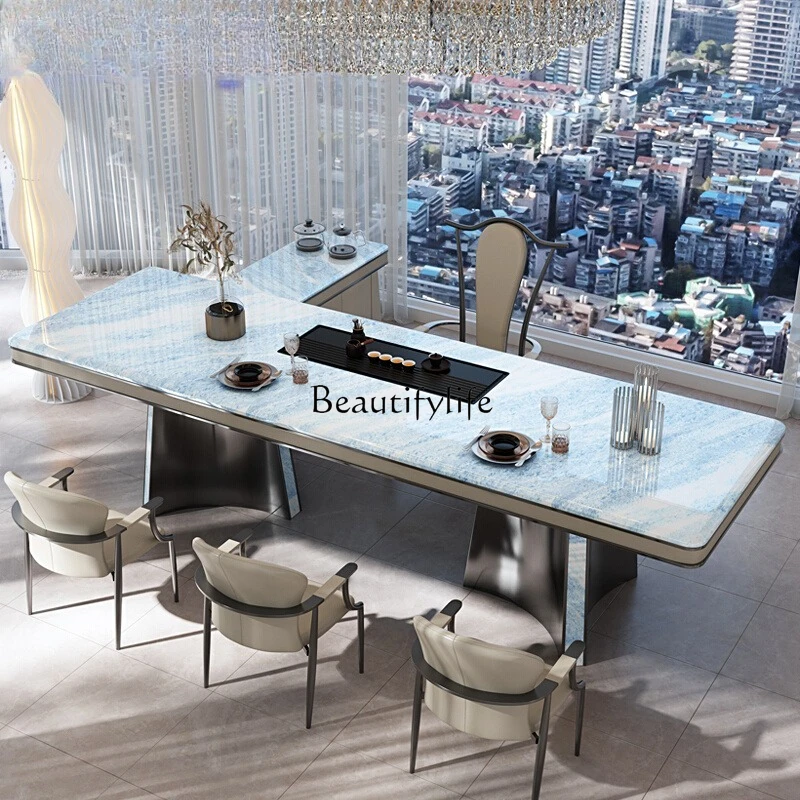 

Imported natural luxury stone blue crystal marble tea table rectangular household minimalist villa high-end tea table