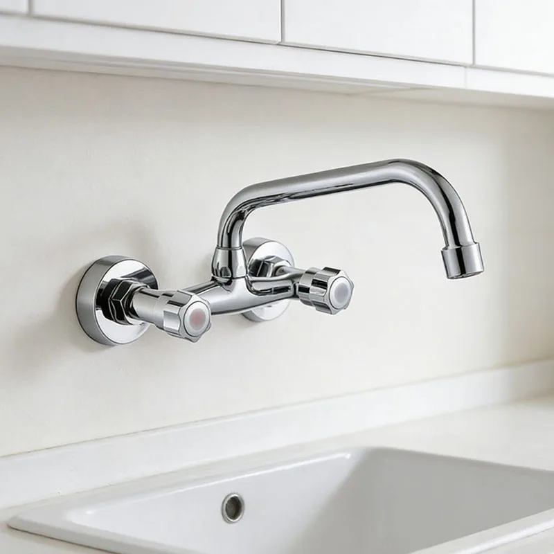 

Wall Mounted Kitchen Sink Faucet - Double Hole Hot & Cold Water Mixer Tap for Bathroom & Kitchen, Household Accessory