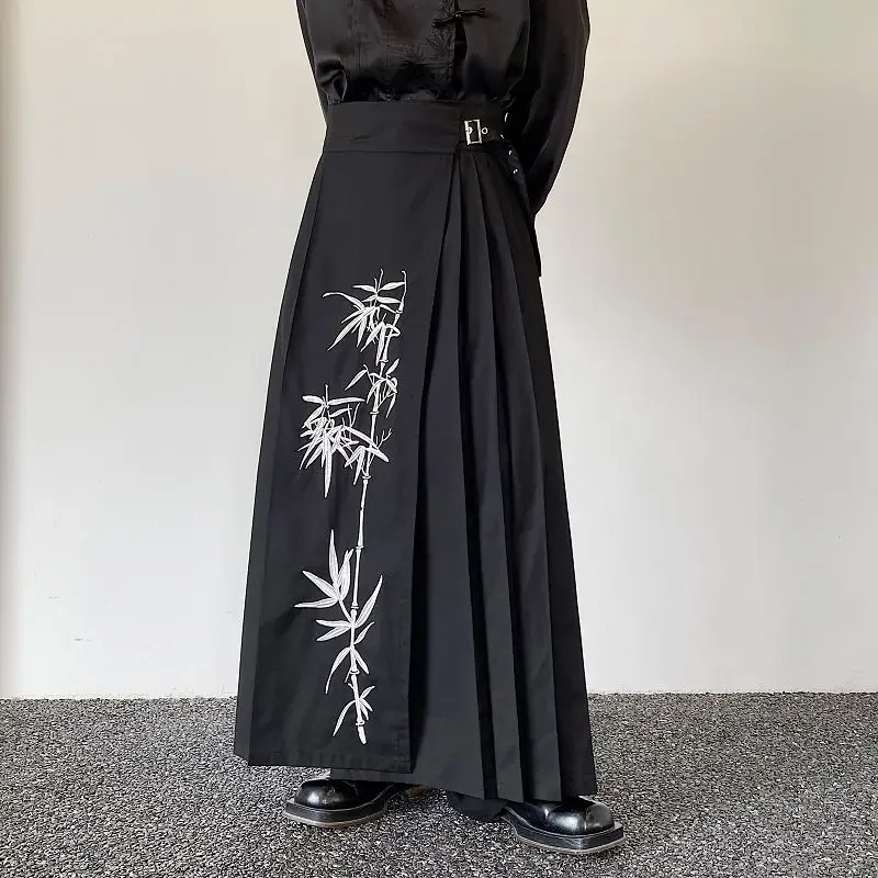 

Fashion Black Bamboo Embroidered Pleated Horse Face Skirt Chinese Traditional Clothes for Men Trendy Street Casual Trousers