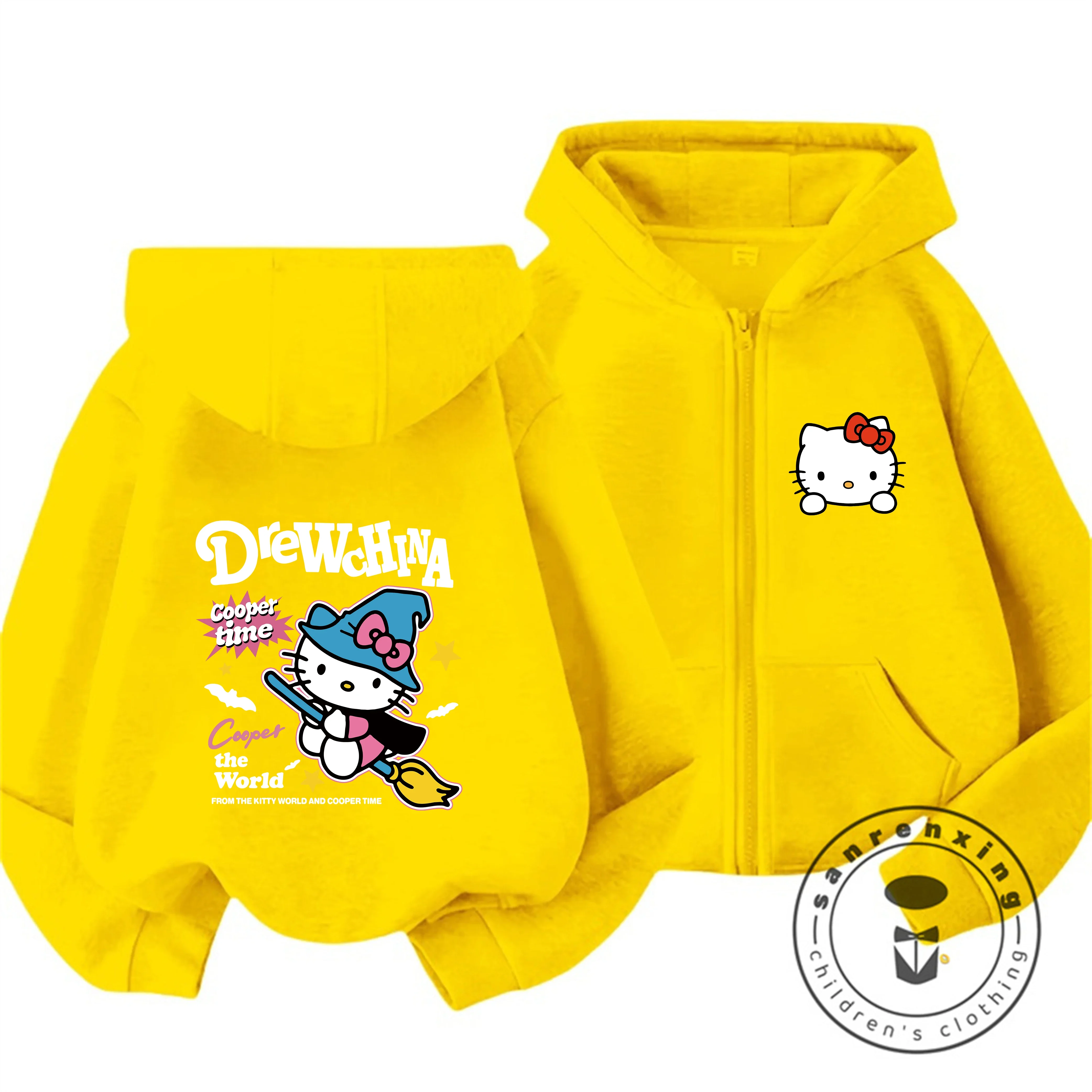 

Детская куртка с капюшоном на молнии Hello Kitty, новинка, в мультяшном стиле для мальчиков и девочек, осенне-зимняя модная одежда для детей от 3 до 14 лет