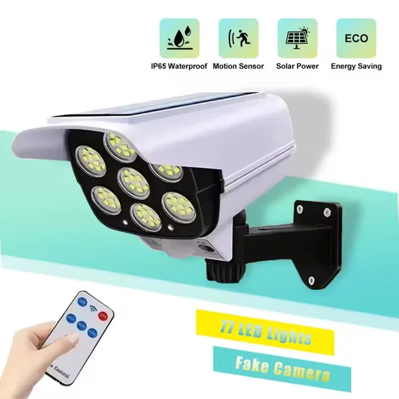 Waterproof Solar LED Wall Light Remote Control Fake Dummy Camera Simulation Monitoring Security Lamp Courtyard Decoration Light