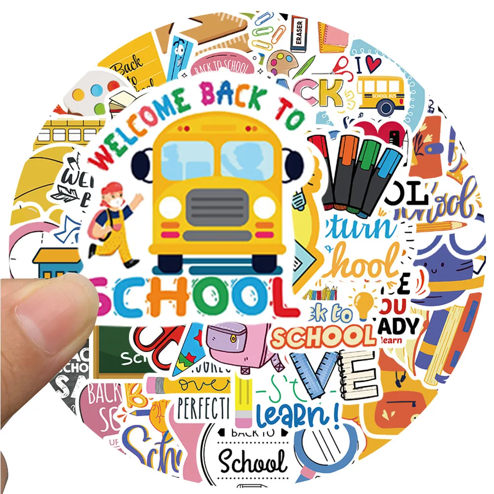 50pcs Back to School Kids Stickers Funny Cute Cartoon Water Bottle Sticker Laptop Luggage Guitar Waterproof Vinyl Car Decals