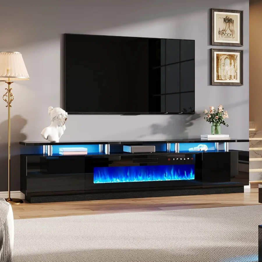 

AMERLIFE 90 High Gloss 2 Tier TV Stand with 50 Electric Fireplace and Built-in LED Lights Modern Luxury Large Entertainment Cen