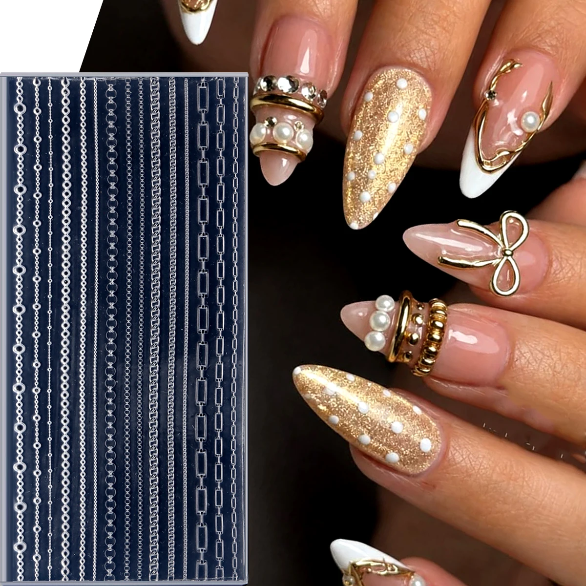 3D-Ketten-Silikon-Nagelform-Set, wiederverwendbare Nagelkunst-Schnitzschablone, doppelseitiger Stift, mehrere Kettenmuster, DIY-Schmuck-Deko – Detail 5