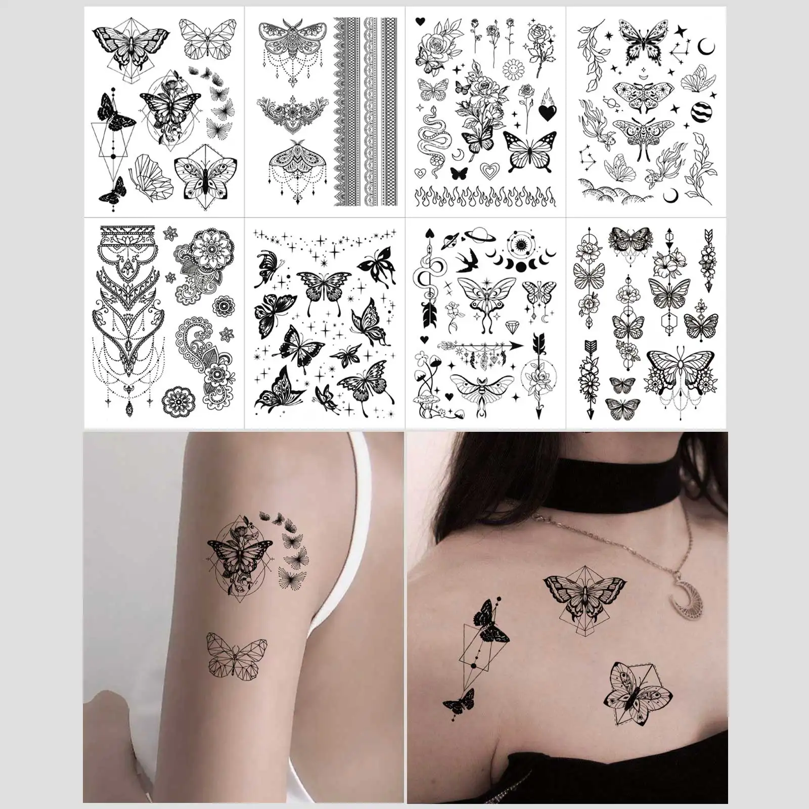 

8pcs Black Henna Mandala Design Temporary Tattoo Stickers for Women Chest Back Hand Butterfly Fake Tattoo Sexy Waterproof Tatto