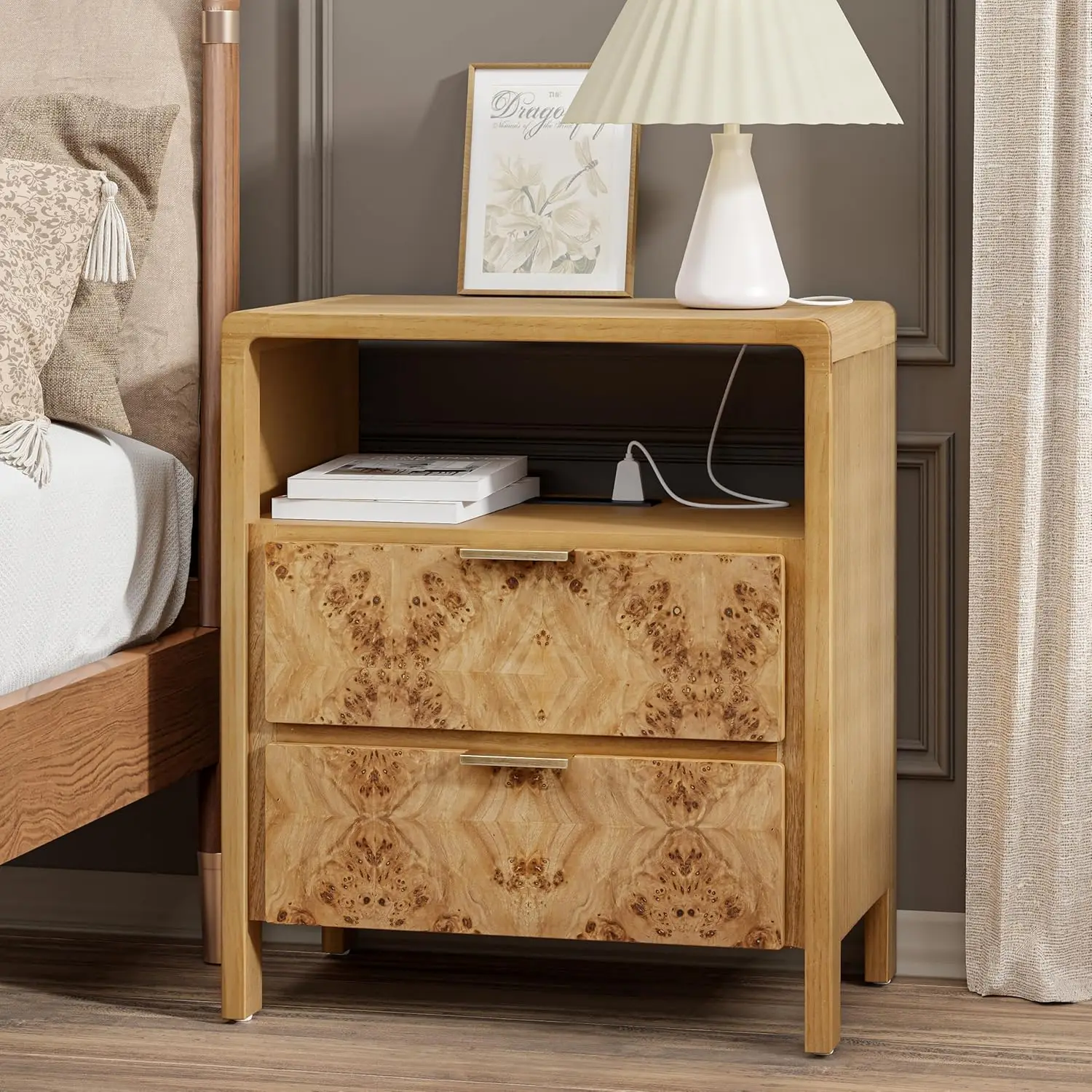 Farmhouse Nightstand With Charging Station, Side Table With Power Outlet And Usb & Type C Ports, Wood Bedside Table For