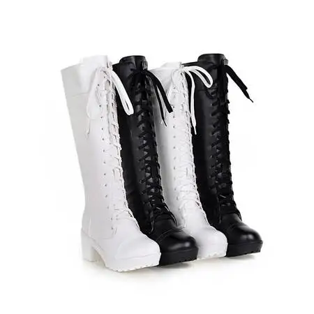 2024 Hot Sale Spring Autumn Lacing Knee High Boots Women Fashion Square Heel Belt Buckle Ladies Leather Shoes Winter Size 34-43