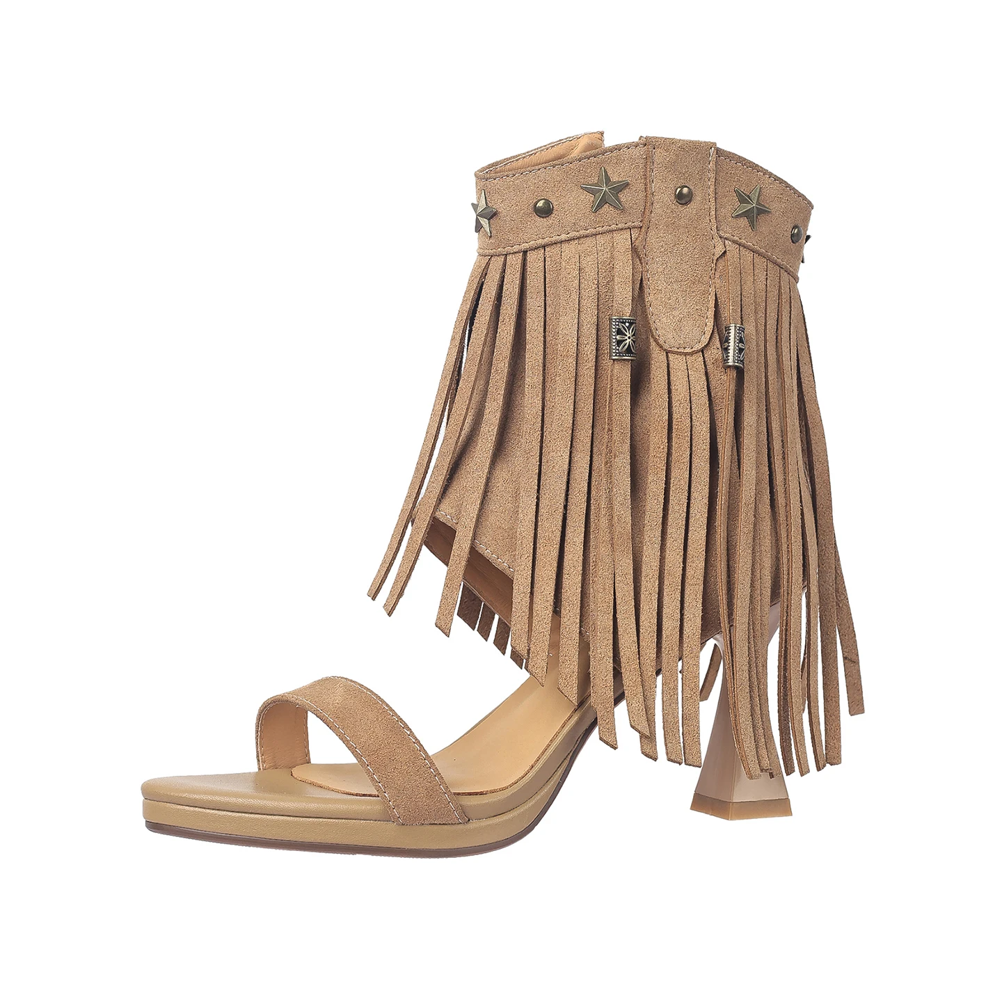 

Genuine Leather Cowhide Suede Heels Women's Sandals，Rivet Tassel Summer Women Shoes