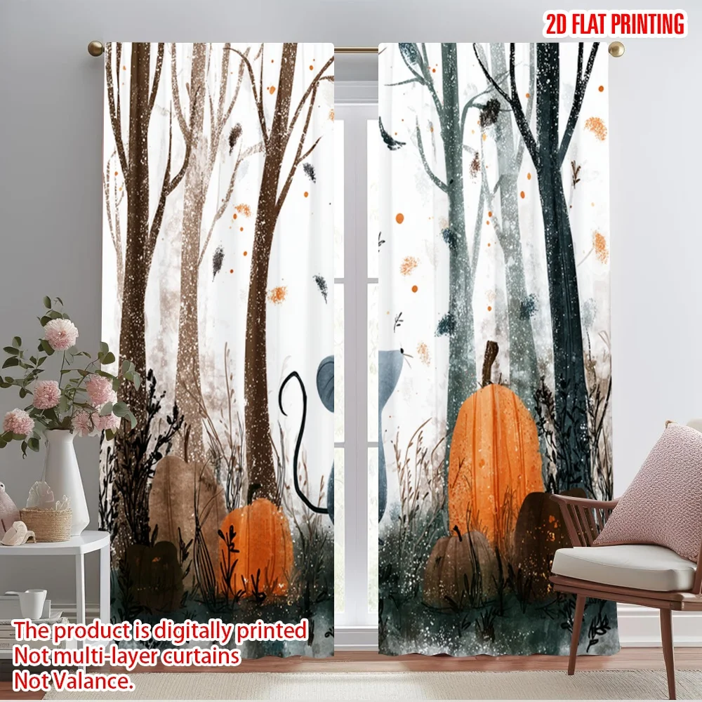 2pcs,2D plane printing Popular Curtains halloween pumpkin (16) 100% Polyester (without rod) Gifts Use for Living Room,