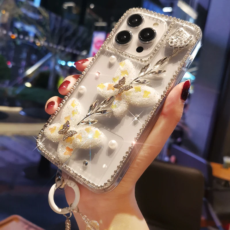 For IPhone 15/14/13 Series Phones Case Water Diamond Cat Double Row Edge Diamond Case for IPhone 15 Pro Max Beaded Wrist Strap